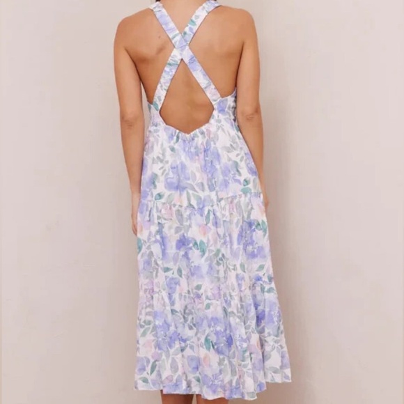 NWT Bella Dahl Scrunch Strap Tiered Lavender and Sage Floral Midi Dress Sz Med - Picture 2 of 6